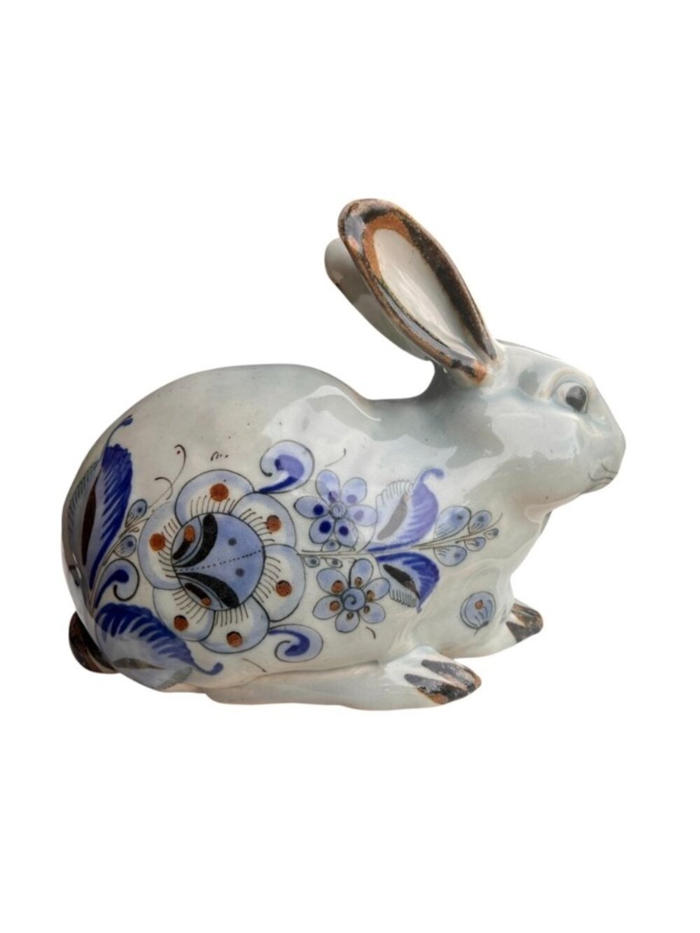 El Palomar Tonala Bunny Gray  Blue Black Mexico 10.5" L Hand Painted Ceramic 70s